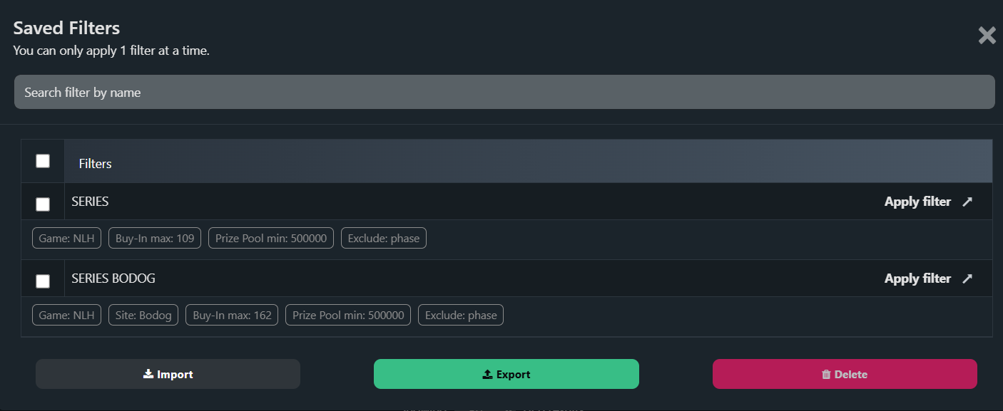 Tela de filtros salvos do Lobbyze, com dois filtros de série configurados por buy-in máximo e garantido mínimo